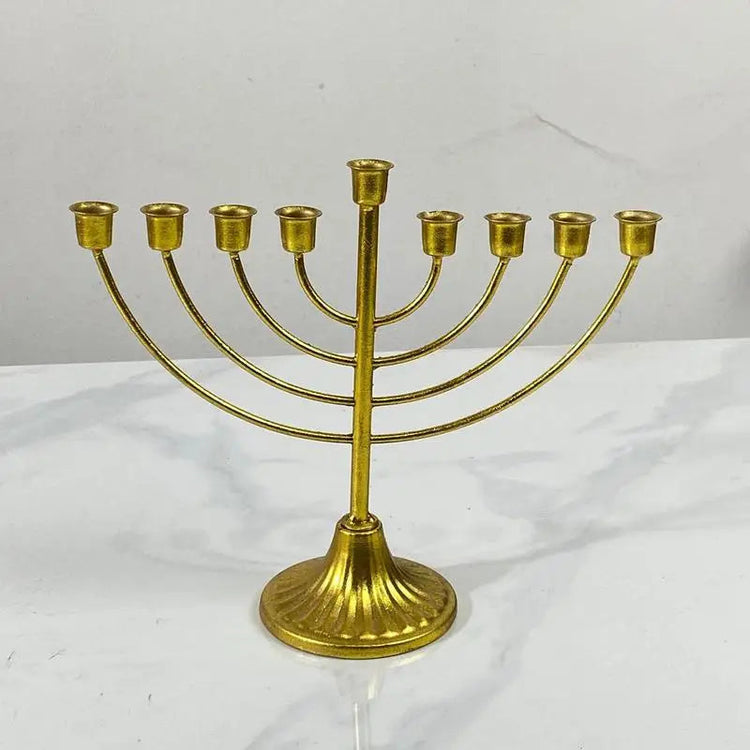 Gold metal Jewish candle holder menorah with 9 branches for Hanukkah decoration