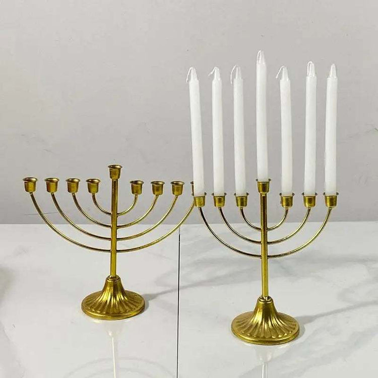 Gold Jewish candle holders with 7 and 9 branches, metal Hanukkah menorah stands with white candles