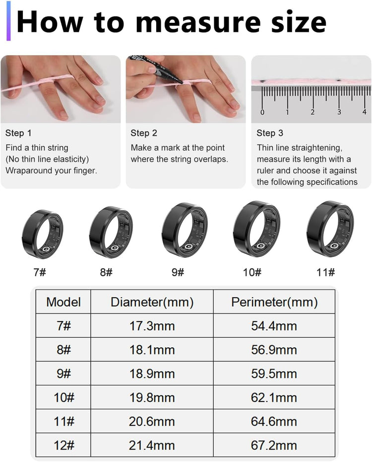 Smart Ring Health Tracker with size measurement guide, displaying ring models and diameter and perimeter dimensions in millimeters.