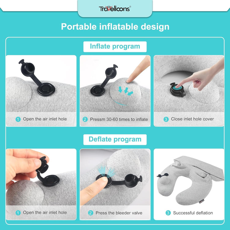 Portable inflatable travel pillow for airplane with hood and adjustable firmness, shown with instructions for inflation and deflation.