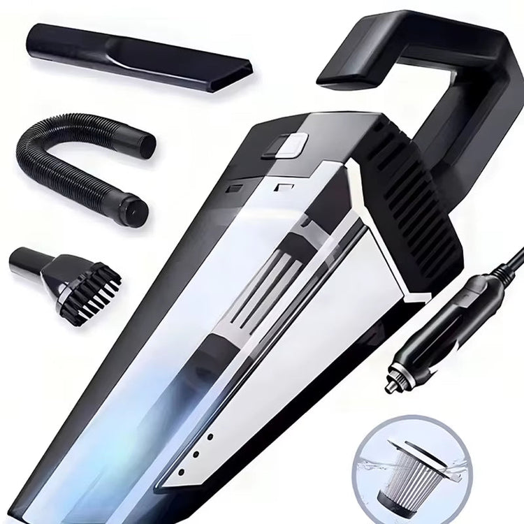 Silver portable car cordless vacuum cleaner with high suction, wireless design, and multiple attachments including brush, hose, and crevice tool.