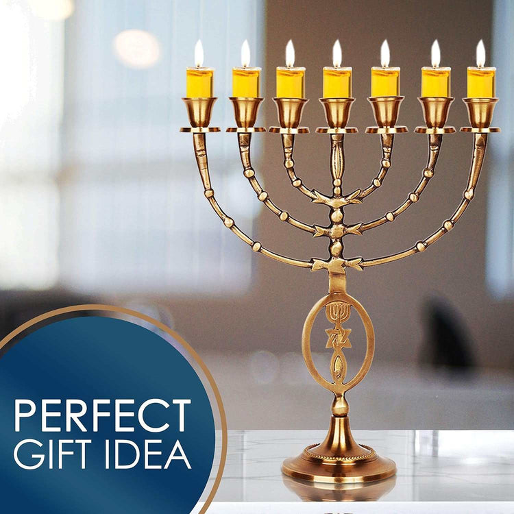 7 branched brass and copper Menorah candelabra with grafted-in symbol and lit candles, 12 inches high, made in Israel.