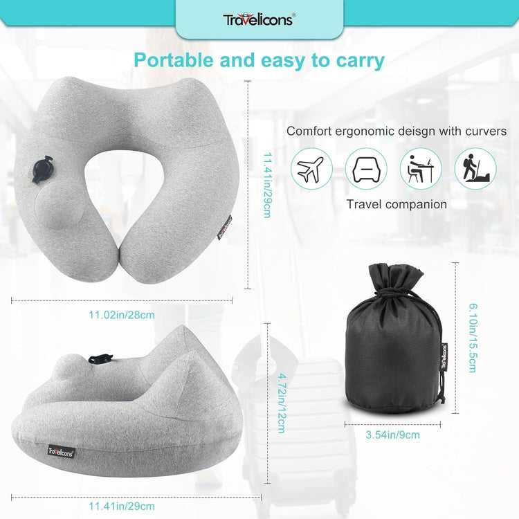 Inflatable grey travel pillow for airplane with ergonomic design, featuring hood and compact carry pouch.