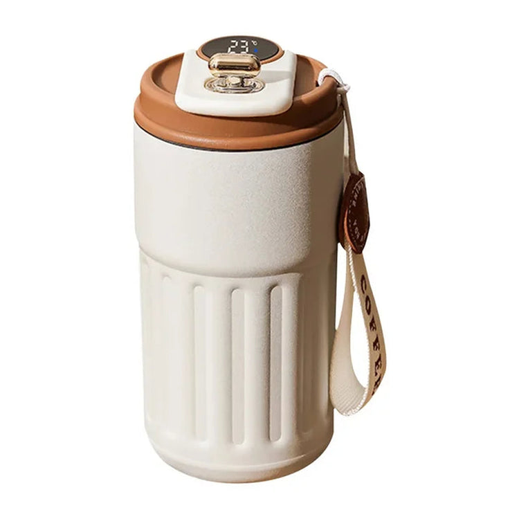 Smart thermos bottle with LED temperature display, 450ml stainless steel coffee cup with brown lid and carrying strap