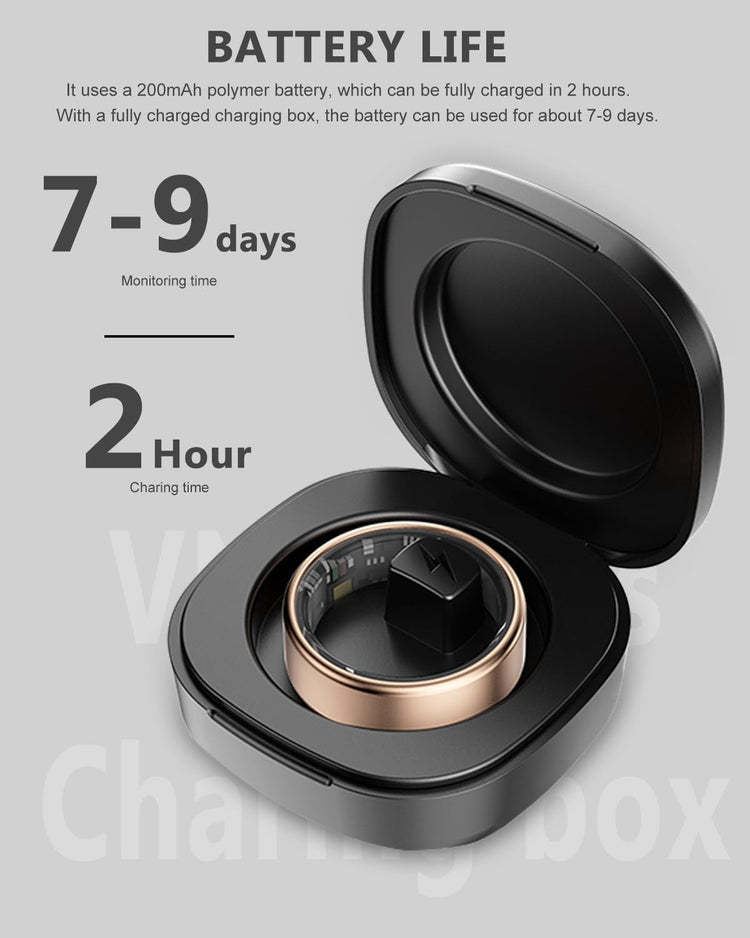 Smart Ring Health Tracker with IP68 waterproof rating in charging case showing 7-9 days battery life and 2 hours charging time