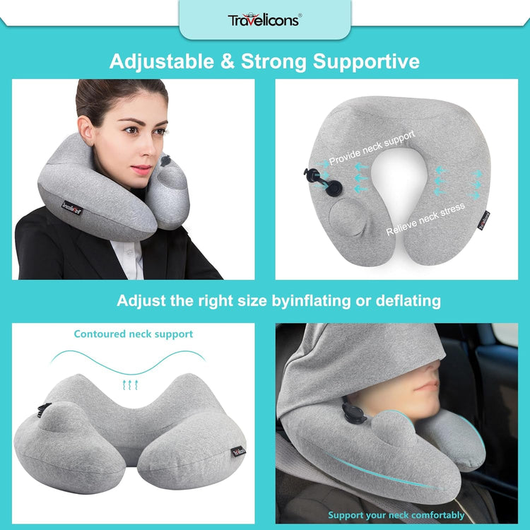 Inflatable travel pillow for airplane with adjustable neck support and hood for comfortable sleep during flights and car rides