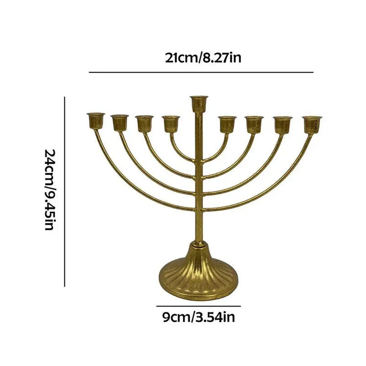 Gold metal Jewish candle holder menorah with 7 branches for Hanukkah decoration, measuring 24cm high and 21cm wide