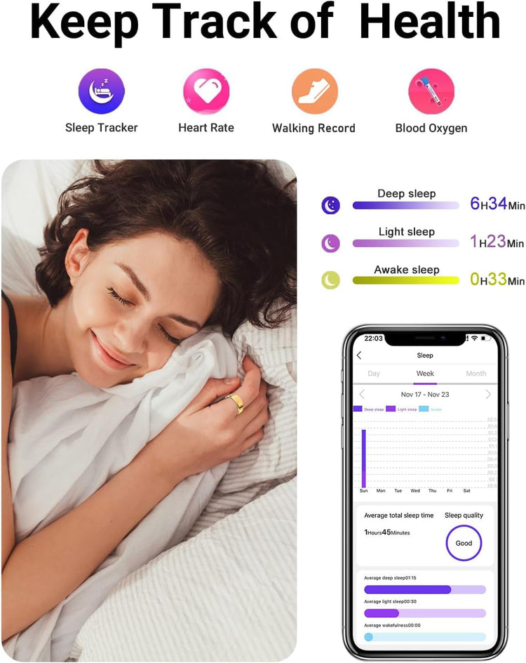Smart Ring Health Tracker for sleep, heart rate, blood oxygen, and fitness tracking with app display and woman sleeping wearing ring