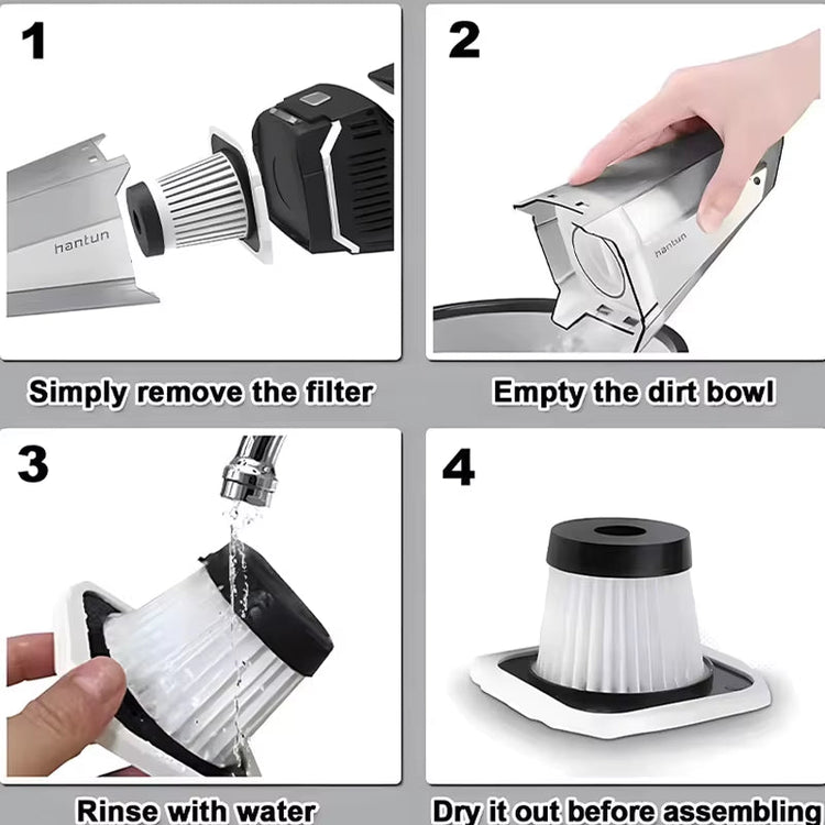 Portable car cordless vacuum cleaner showing filter removal, dirt bowl emptying, rinsing filter with water, and drying before assembly steps