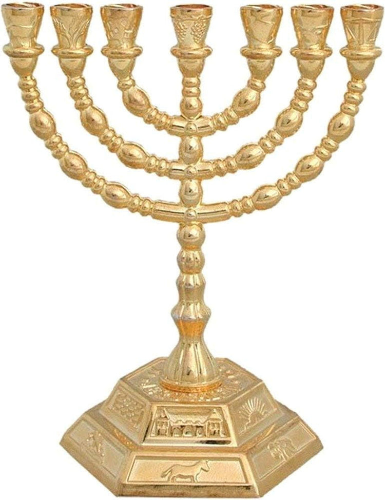 Gold Jewish Menorah 7 branch with 12 Tribes of Israel symbols on a hexagonal base, tabletop candle holder for Hanukkah.