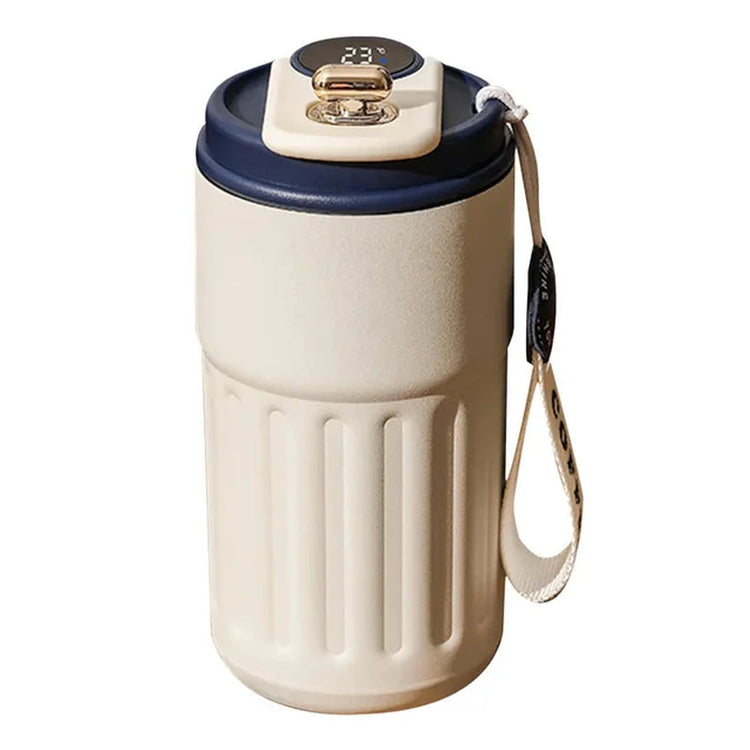 Smart thermos bottle with LED temperature display, 450ml stainless steel coffee cup, portable with strap