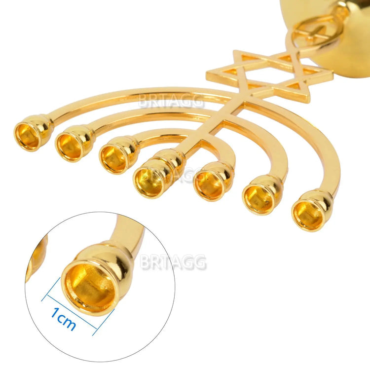 Gold zinc alloy Menorah 7 branches candle holder with Star of David and Hamsa hand design, suitable for standard Hanukkah candles up to 1 cm diameter.