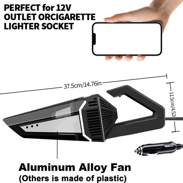 Portable car cordless vacuum cleaner with aluminum alloy fan, compact design for 12V cigarette lighter socket, high suction and blowing function in silver color.