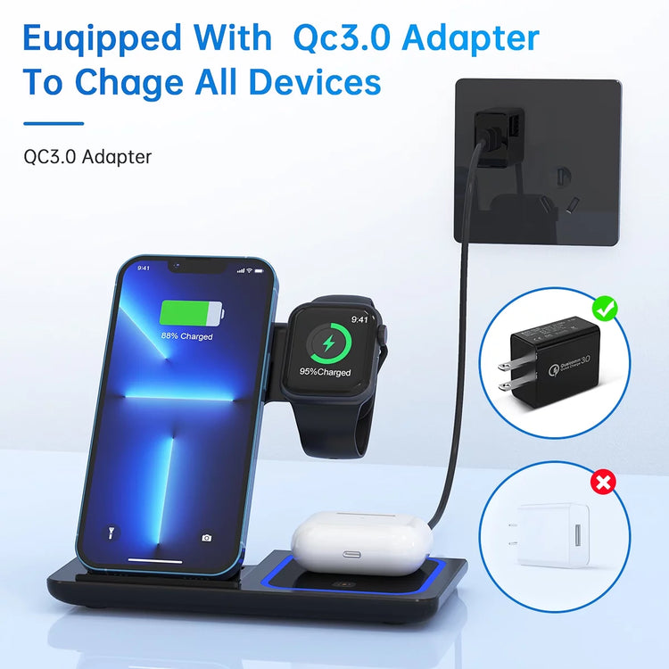 3 in 1 Wireless Charger, 18 w Fast Charging Station for Iphone and Androids,
Comes in black as shown in image