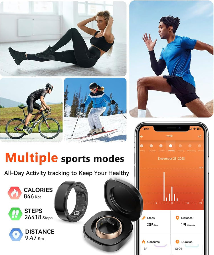 Smart Ring Health Tracker displaying fitness data with multiple sports mode icons and people exercising in various activities including cycling, skiing, running, and home workout.