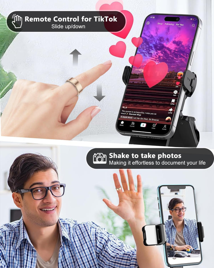 Smart Ring Health Tracker with remote control for TikTok and shake to take photos features on finger worn ring