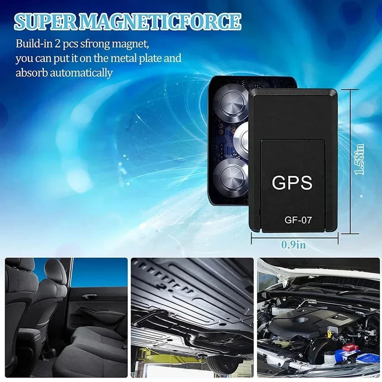 Micro Magnetic GPS Tracker GF-07 with built-in strong magnets for vehicle and motorcycle anti-theft tracking, compact size 1.35in by 0.9in.