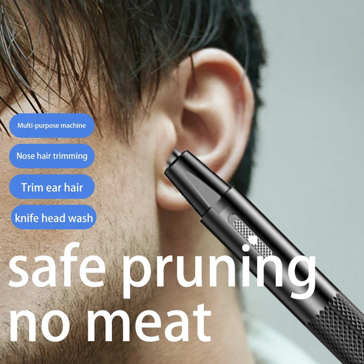 Portable black USB rechargeable nose hair trimmer with stainless steel blade for safe ear and nose hair trimming