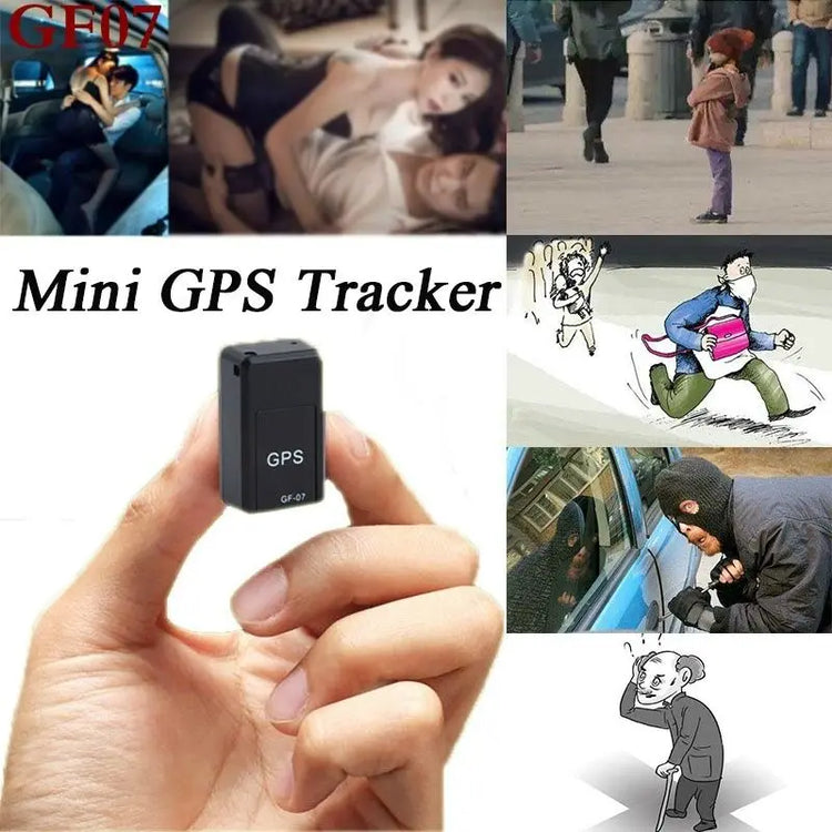 Micro magnetic GPS tracker held between fingers with images showing vehicle theft prevention and real-time tracking features.