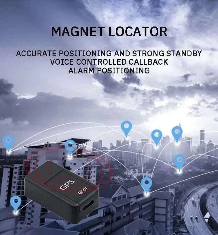 Universal Tracking Device Gf07 mini car tracker with GPS, magnetic locator, accurate positioning, and real-time alarm features over city background