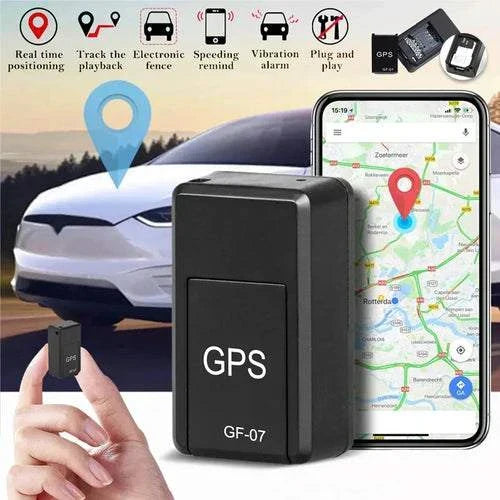 Compact universal GPS tracking device GF07 for real-time car location monitoring with plug and play feature.