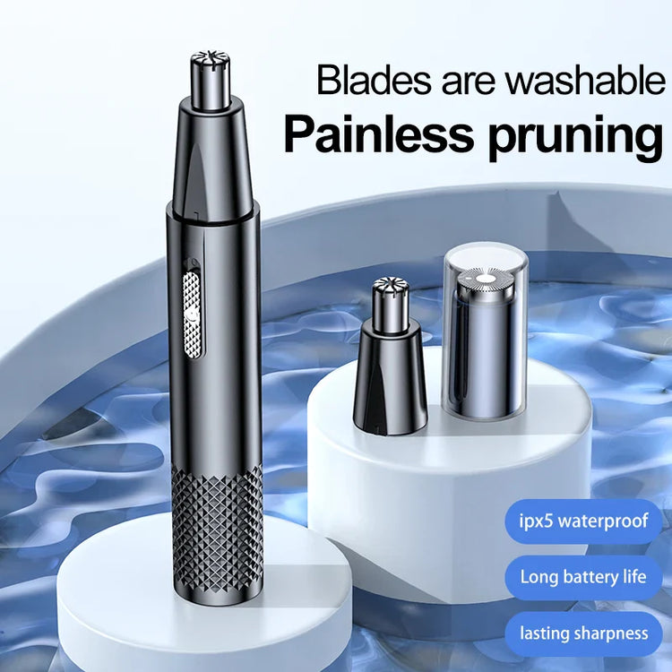 Black electric nose hair trimmer with washable blades, USB charging, and portable design for painless pruning and waterproof use