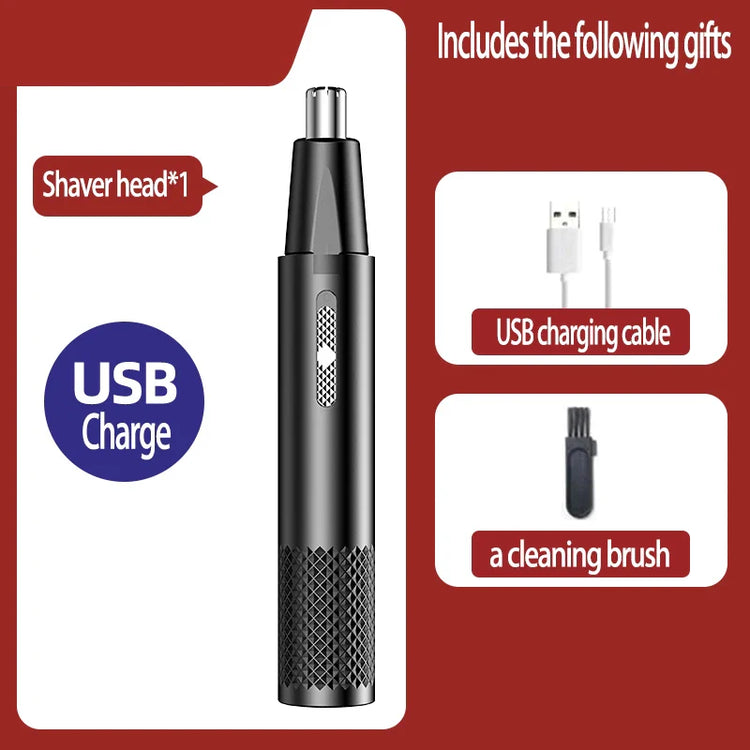 Black USB rechargeable nose hair trimmer with shaver head, cleaning brush, and charging cable set