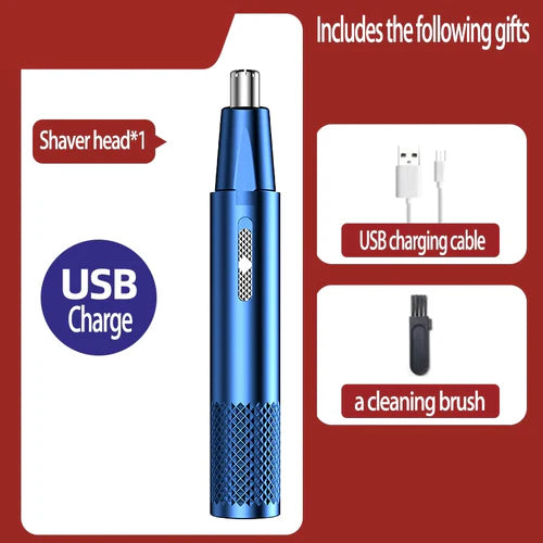 Blue USB rechargeable nose hair trimmer with shaver head, charging cable, and cleaning brush accessories