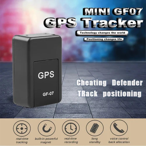 Compact black Micro Magnetic GPS Tracker GF-07 for real-time vehicle and motorcycle anti-theft tracking with built-in magnet, long standby, and voice control features.