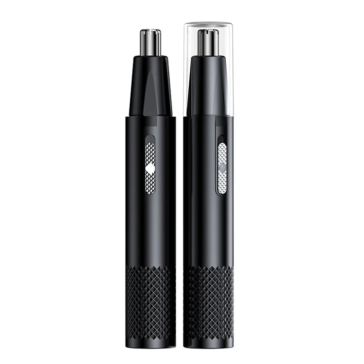 Black USB rechargeable portable electric nose hair trimmer with stainless steel tip and protective cap