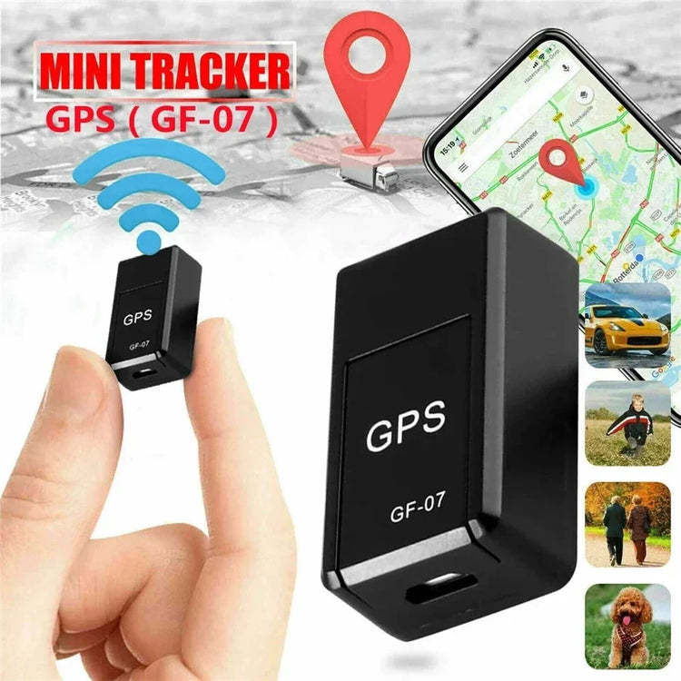 Micro Magnetic GPS Tracker GF-07 held between fingers with real-time location tracking on smartphone map and icons showing vehicle, person, and pet tracking options.