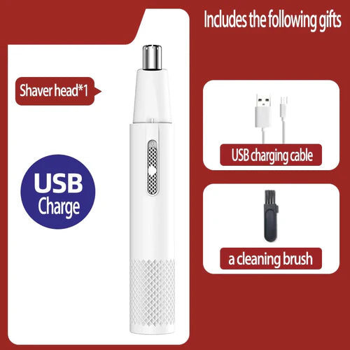 White electric nose hair trimmer with USB charging cable and cleaning brush included