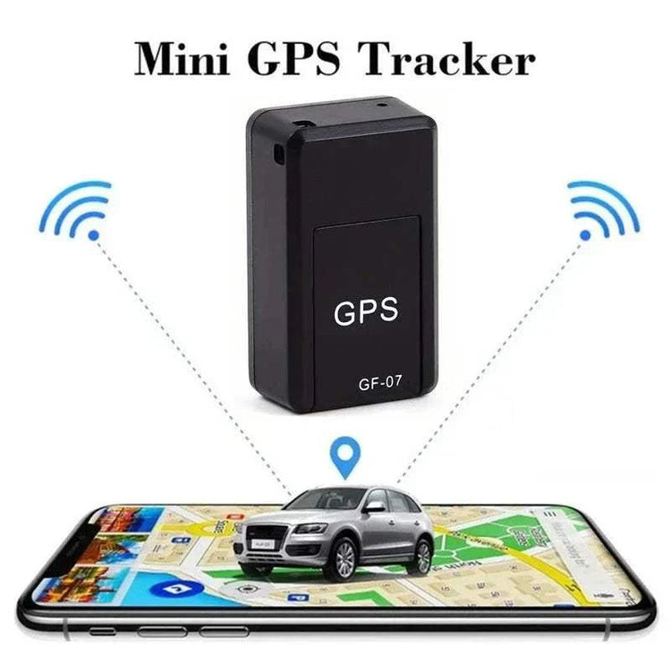 Compact black GF07 mini GPS universal tracking device shown above a smartphone displaying a car on a map for real-time vehicle tracking.