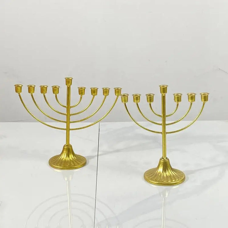 Gold metal Jewish candle holder menorah with 7 and 9 branches for Hanukkah decorations