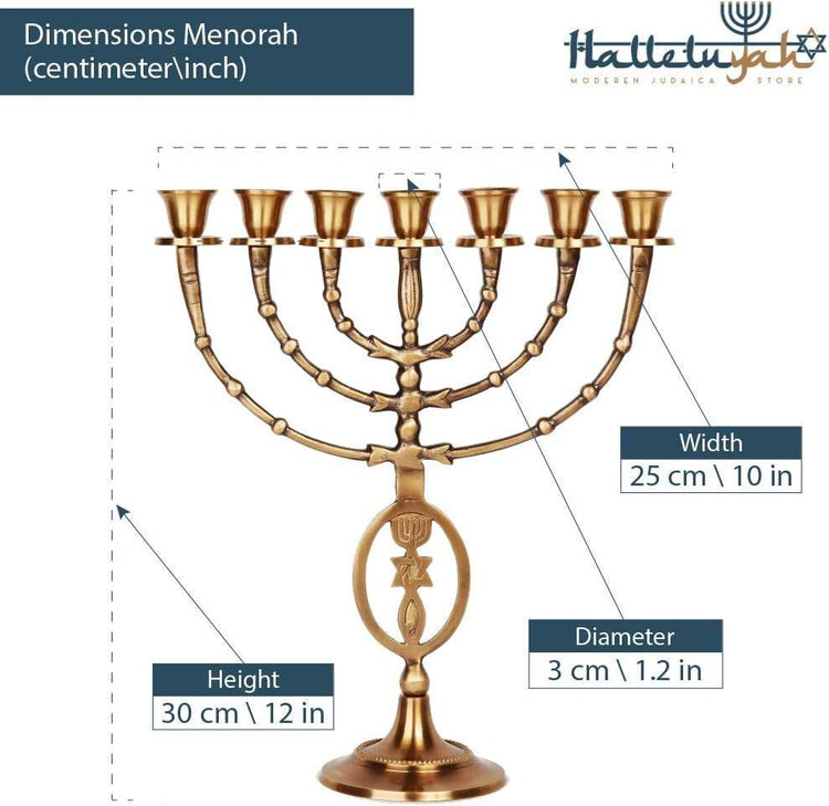 Brass copper 7 branched Menorah with grafted in symbol, 12 inches high, decorative candelabra from Israel.