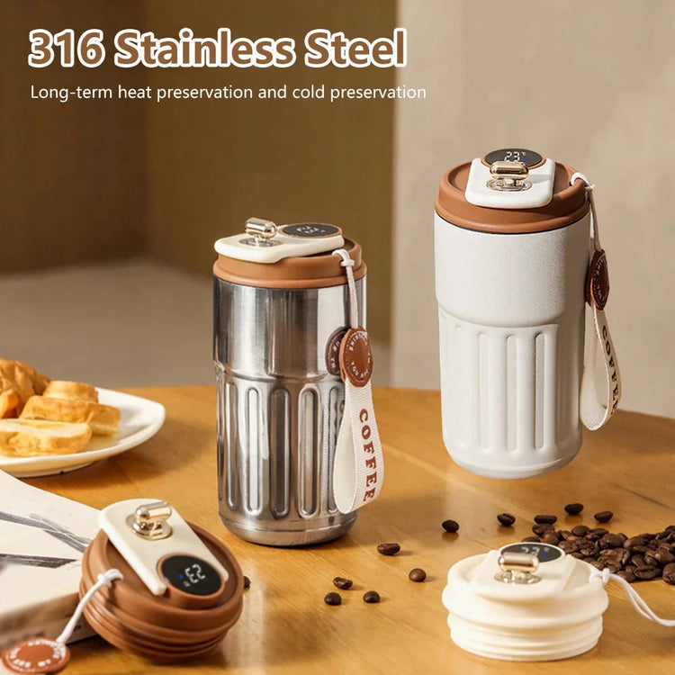 Smart thermos bottle with LED temperature display made of 316 stainless steel for heat and cold preservation, 450ml capacity coffee cup with portable design