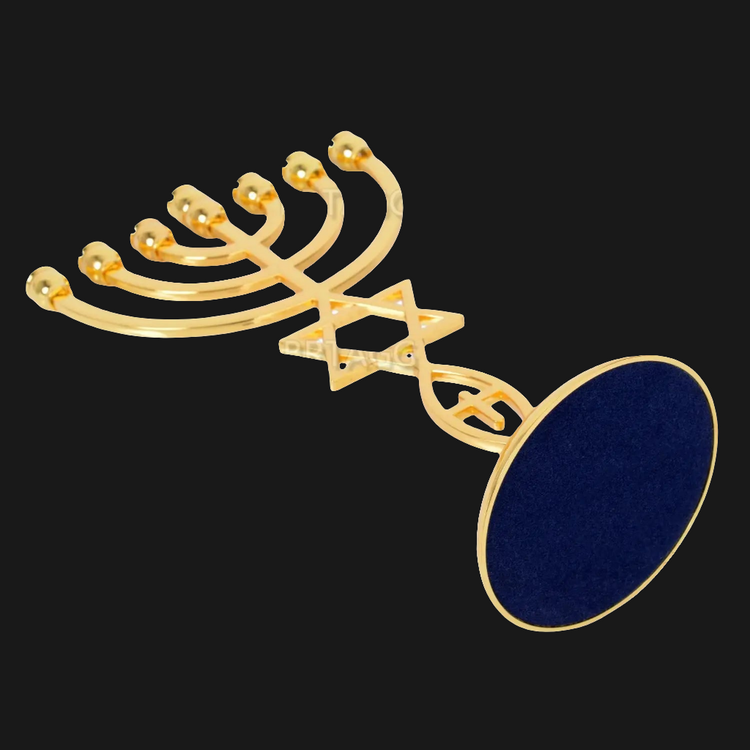 Gold zinc alloy Menorah 7 branches candle holder with Star of David and Hamsa hand design and anti-skid black base