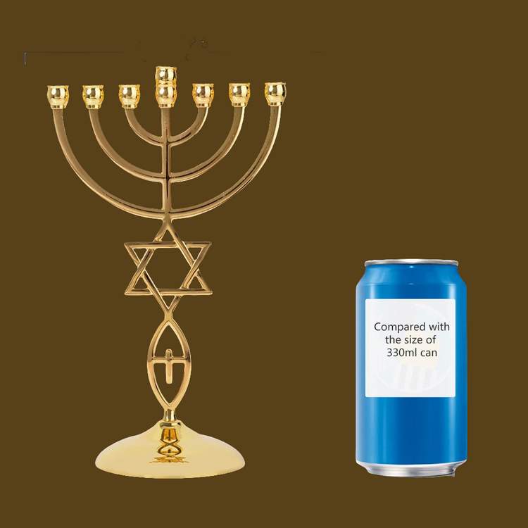 Gold-colored Menorah 7 branches with Star of David and Hamsa hand design next to a 330ml can for size comparison