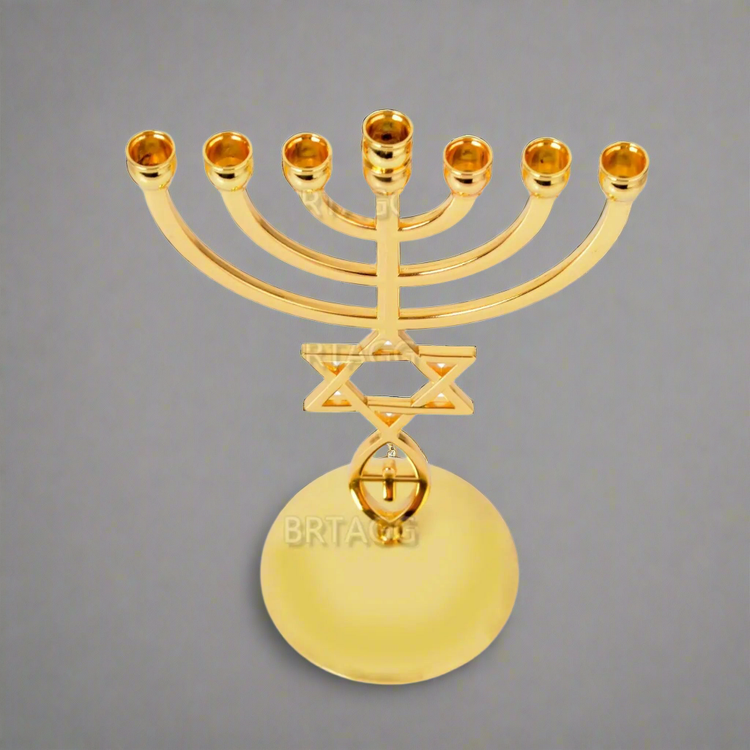 Gold seven-branch Menorah candle holder with Star of David and Hamsa hand design on round base