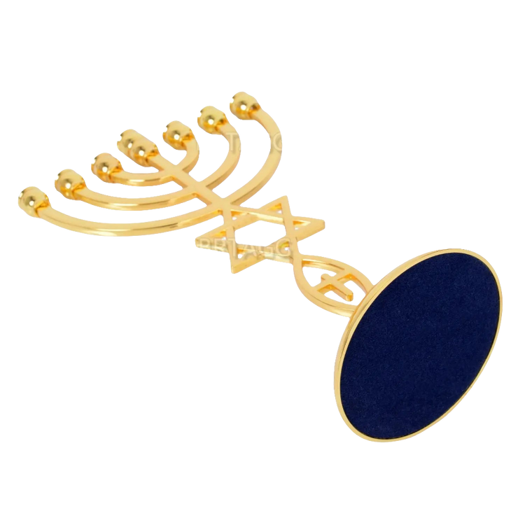 Gold zinc alloy Menorah 7 branches candle holder with Star of David and Hamsa hand, anti-skid base.