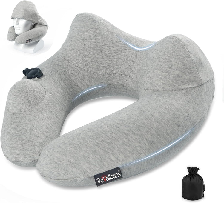 Gray inflatable travel pillow with hood for neck support on airplane, car, and travel use, includes adjustable firmness and washable cover.