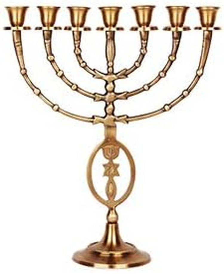 7 branched brass copper Menorah candelabra with grafted-in symbol, 12 inches high, made in Israel for Christian and Messianic Jewish use