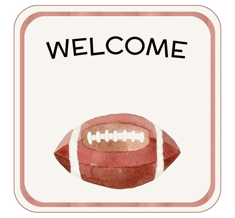 Newborn announcement card with welcome text and football illustration for baby cocoon swaddle product