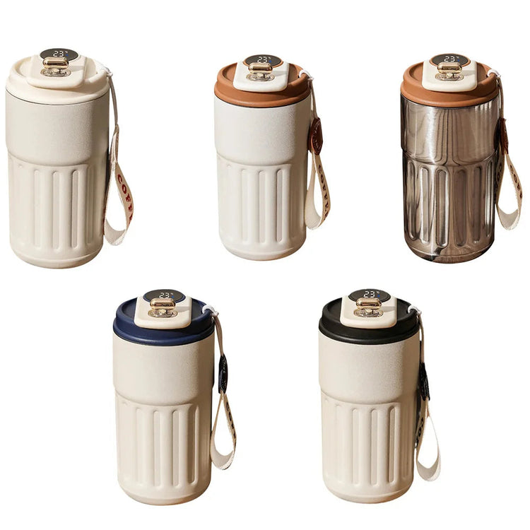 Set of five smart thermos bottles with LED temperature display in various colors and durable stainless steel design