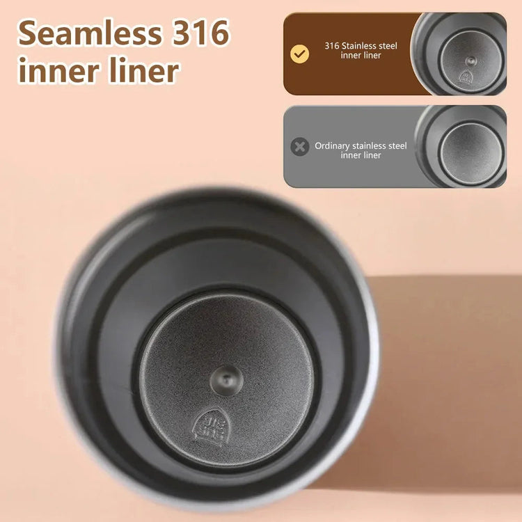 Top view of smart thermos bottle showing seamless 316 stainless steel inner liner with comparison to ordinary stainless steel liner.