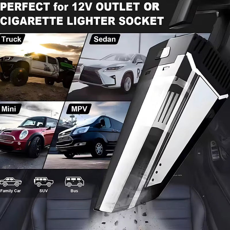 Portable silver cordless car vacuum cleaner with high suction for 12V outlet or cigarette lighter socket use