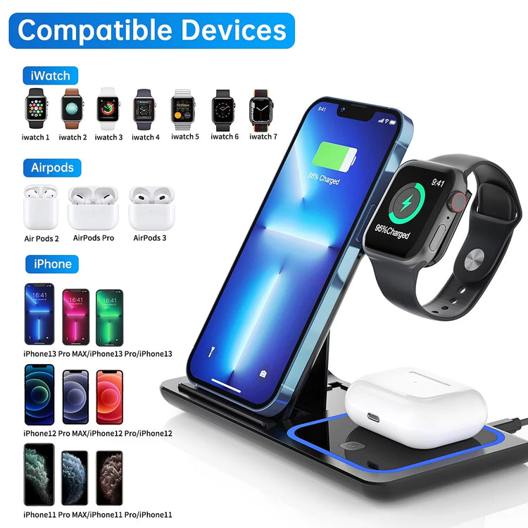 3 in 1 Wireless Charger, 18 w Fast Charging Station for Iphone and Androids,
Comes in black as shown in image