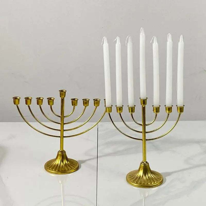 Gold Jewish candle holders with 7 and 9 branches, metal Hanukkah menorah stands with white candles