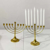 Gold Jewish candle holders with 7 and 9 branches, metal Hanukkah menorah stands with white candles