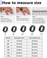 Smart Ring Health Tracker with size measurement guide, displaying ring models and diameter and perimeter dimensions in millimeters.